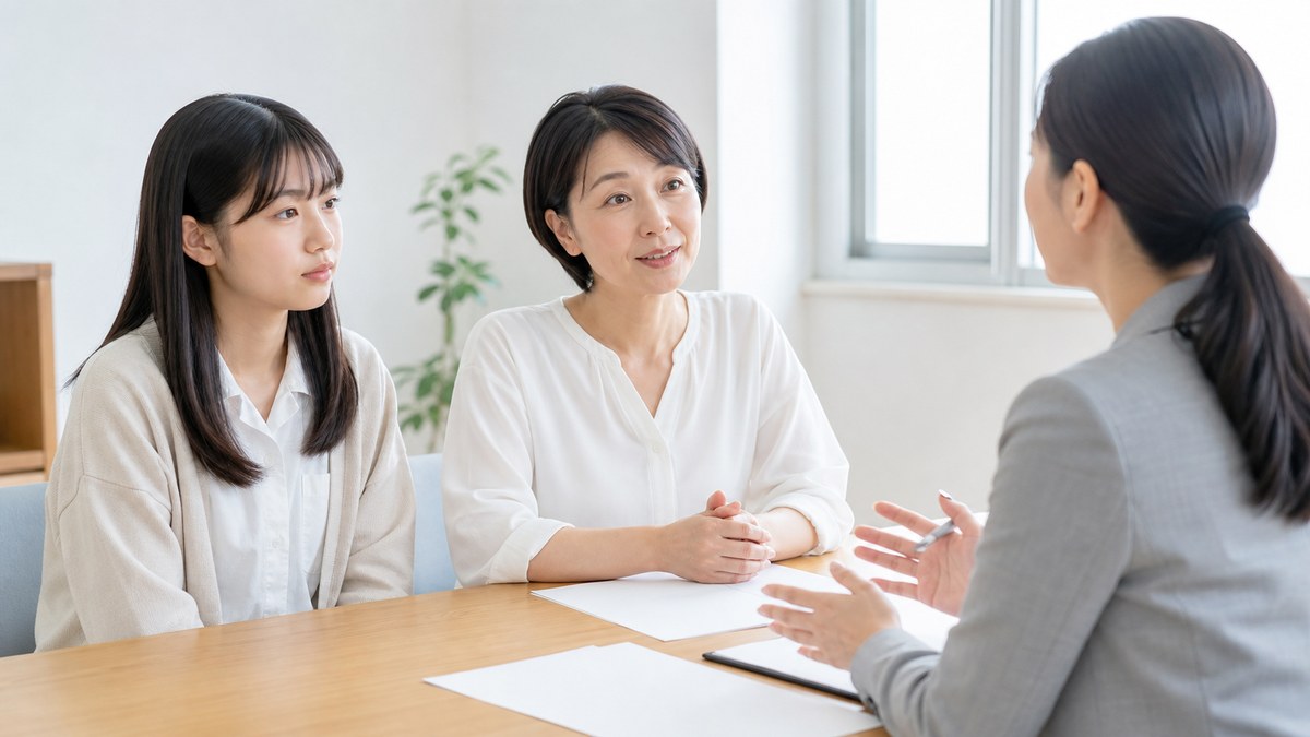 スクーリングの振替や付き添いを相談する日本人の親子
