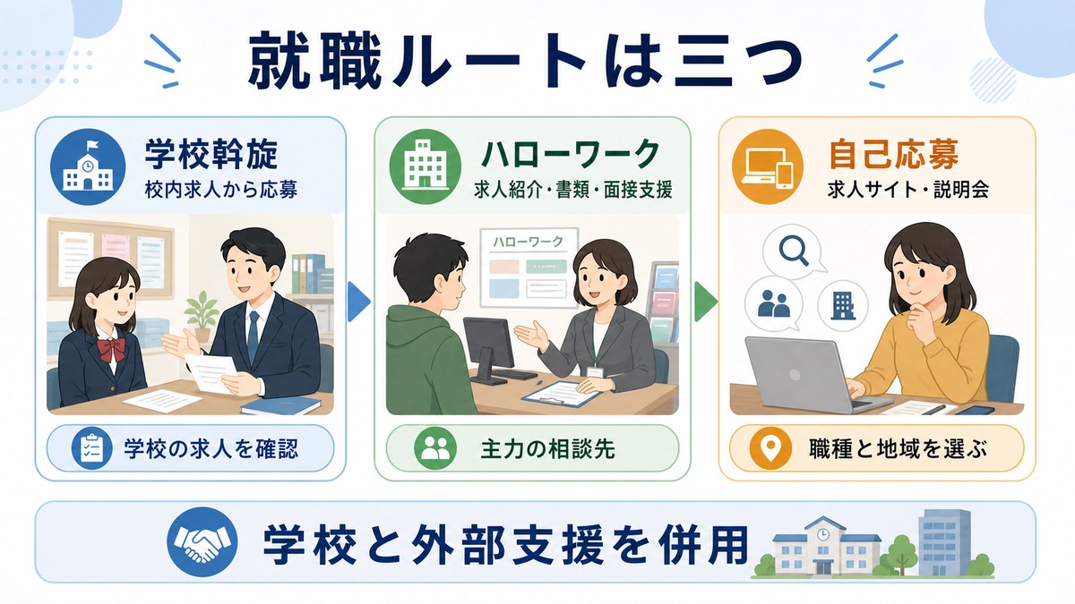 学校求人・自己応募・支援機関という3つの就職ルート