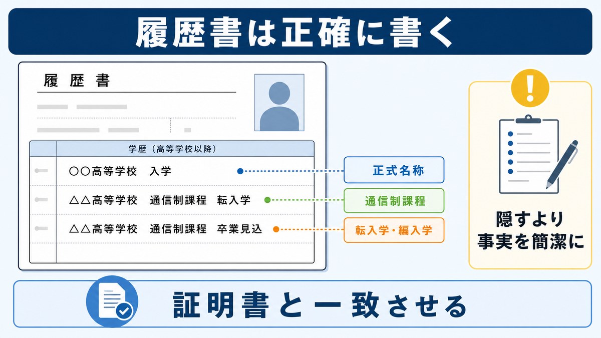 通信制高校の履歴書学歴欄の書き方を示す図解