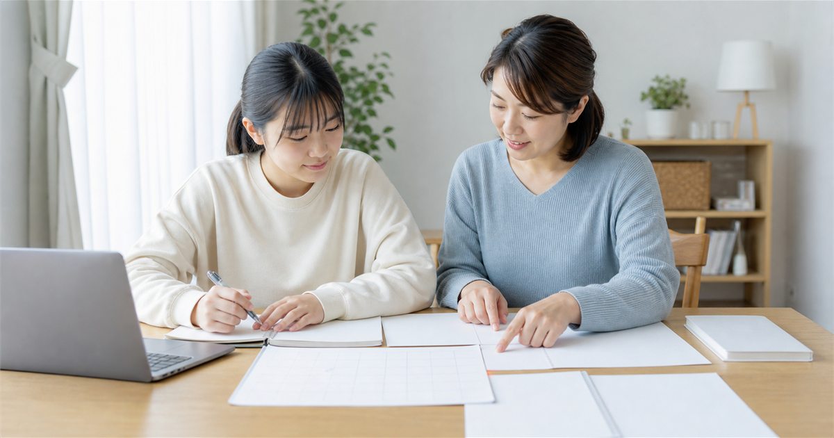 通信制高校のレポートと卒業計画を整理する日本人の親子