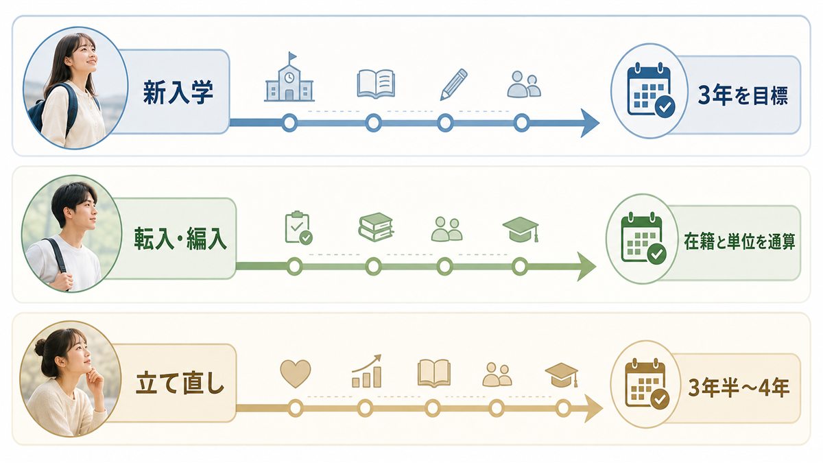 新入学・転入編入・立て直しの卒業経路を示す図