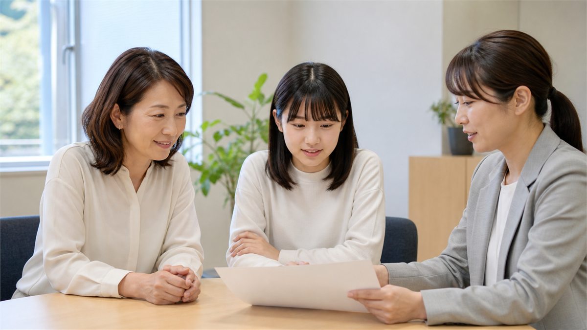 単位の進み方を相談する日本人の高校生・母親・相談員