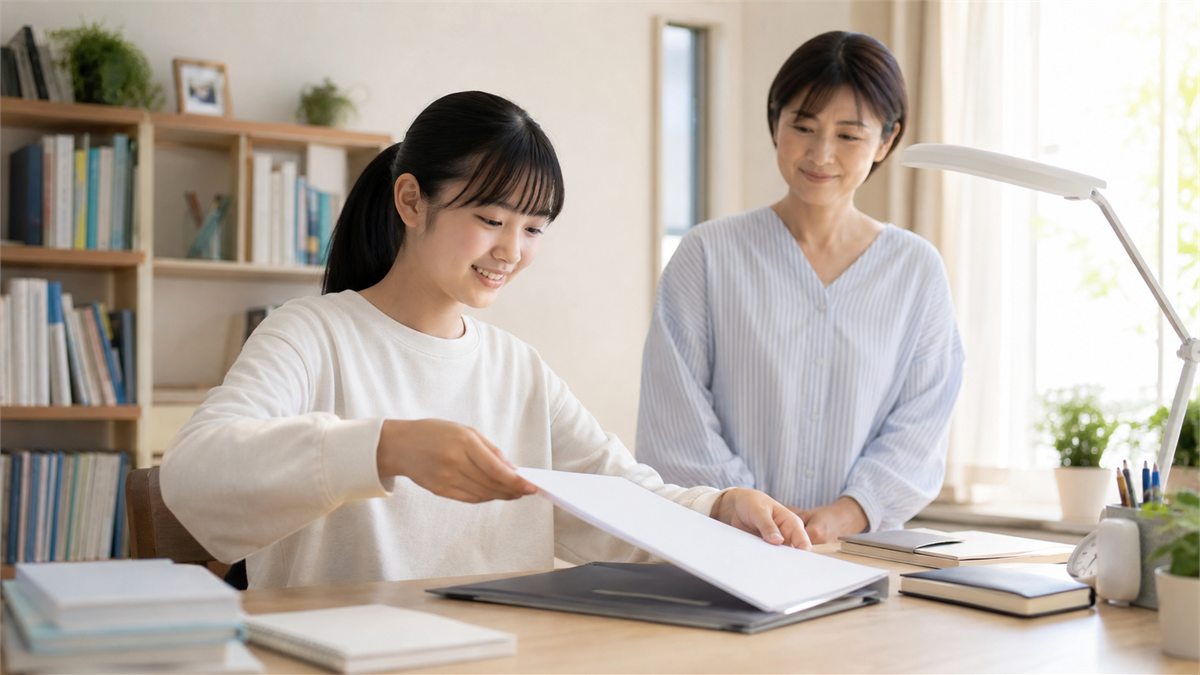 完了したレポートを整理して次へ進む日本人の高校生と母親