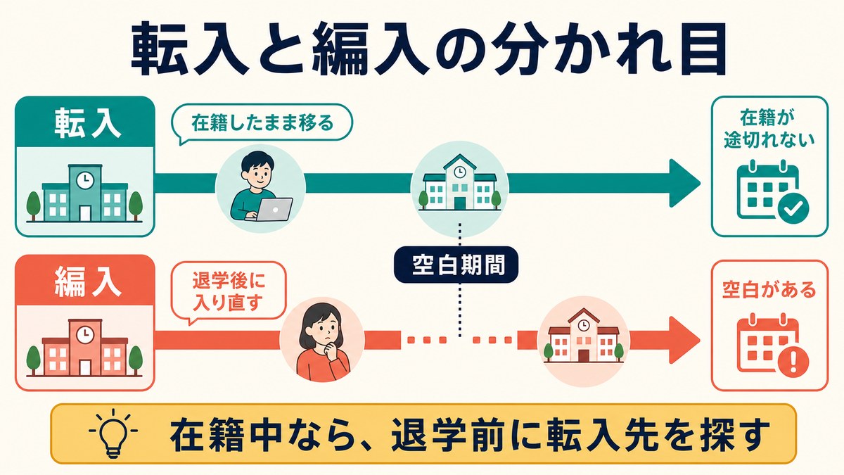 在籍が途切れない転入と空白期間が生じる編入の経路比較