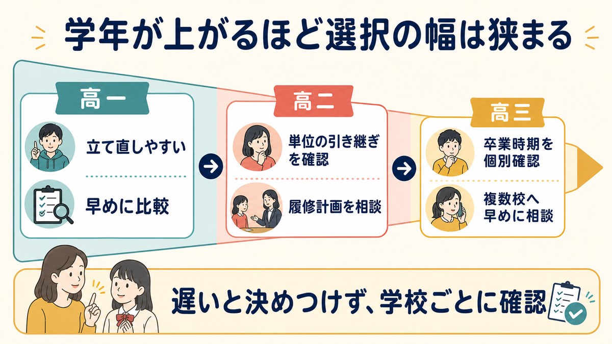 高校前半から最終学年へ進むほど転入時期の選択幅が狭まる図