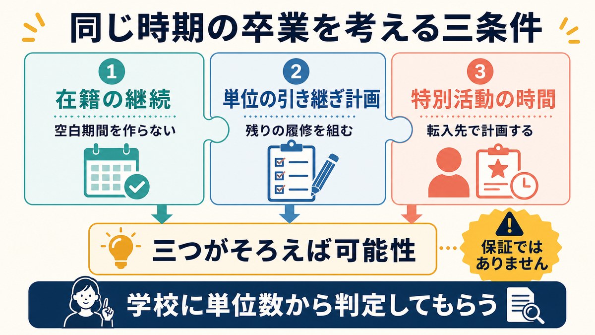 在籍継続・単位計画・特別活動を組み合わせて卒業見込みを確認する図