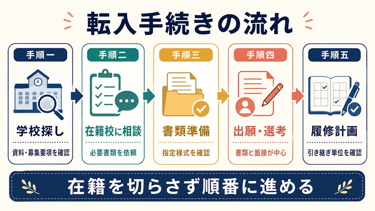 学校探し・在籍校相談・書類準備・選考・履修計画の五段階