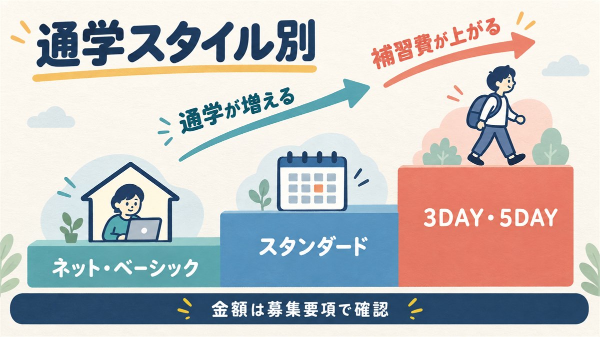 通学スタイルが増えるほど補習費が上がる学費の階段図