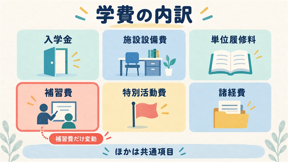 入学金・施設設備費・単位履修料・補習費・特別活動費・諸経費の内訳図