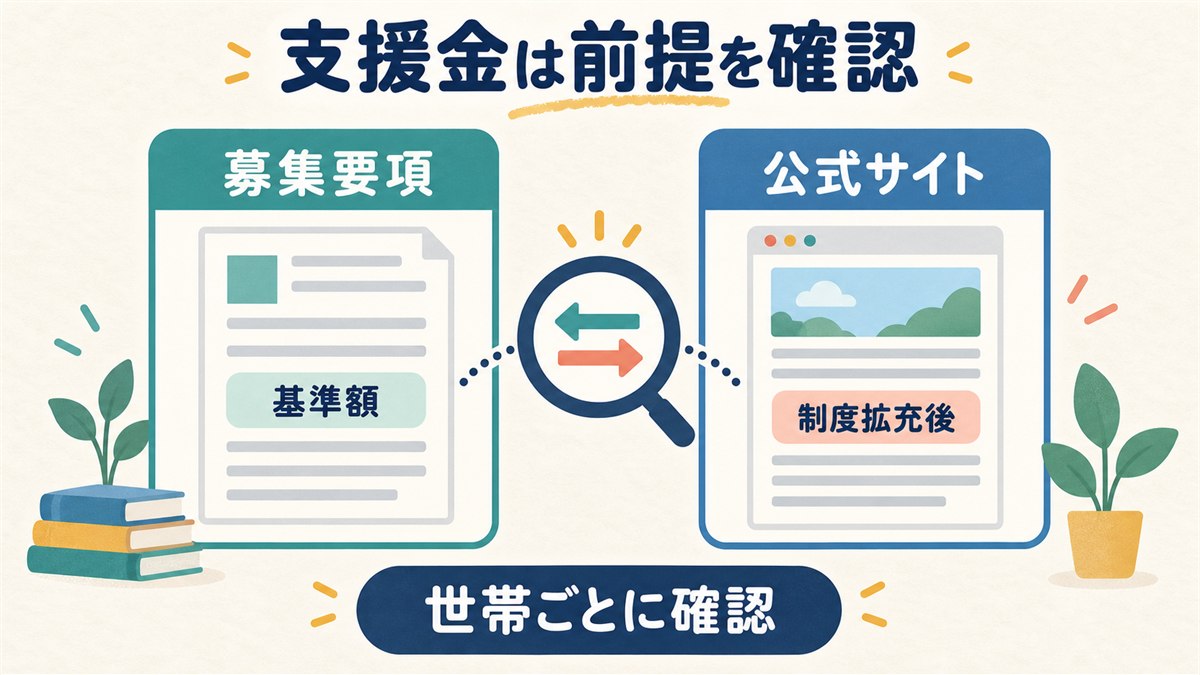 募集要項の基準額と公式サイトの制度拡充後という支援金の二つの見方