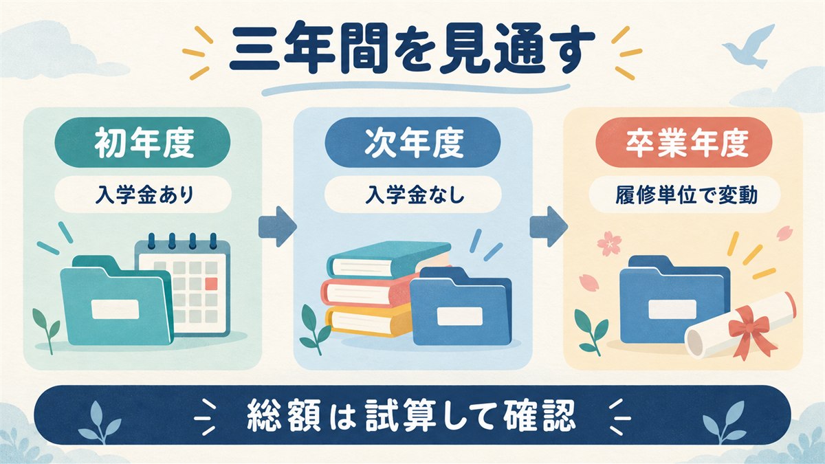 初年度から卒業年度まで学費の総額を試算する流れ
