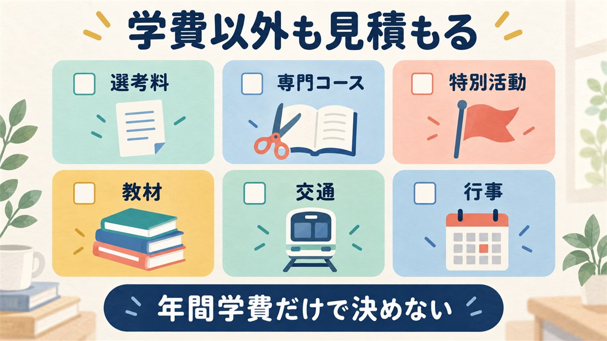 選考料・専門コース・特別活動・教材・交通・行事の追加費用チェック