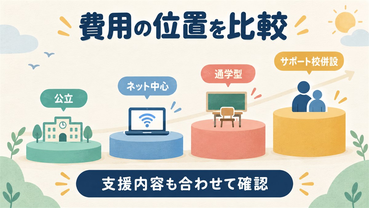 公立・ネット中心・通学型・サポート校併設の費用位置を比べる図