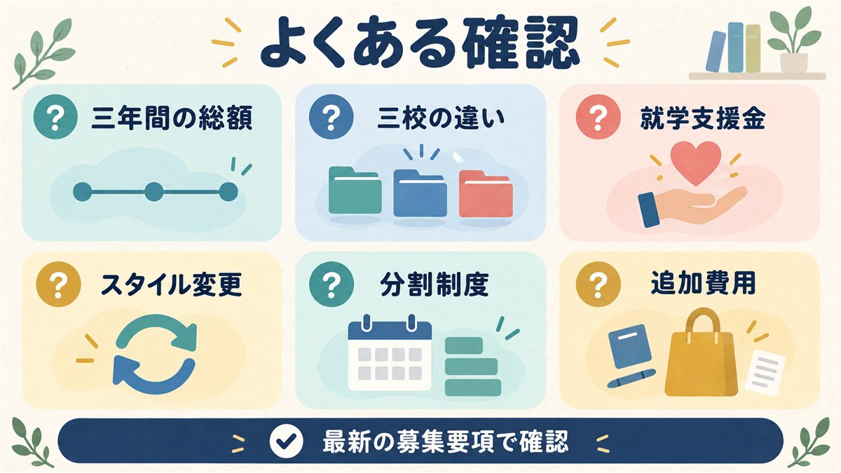 三年間総額・三校差・支援金・変更・分割・追加費用のFAQ図