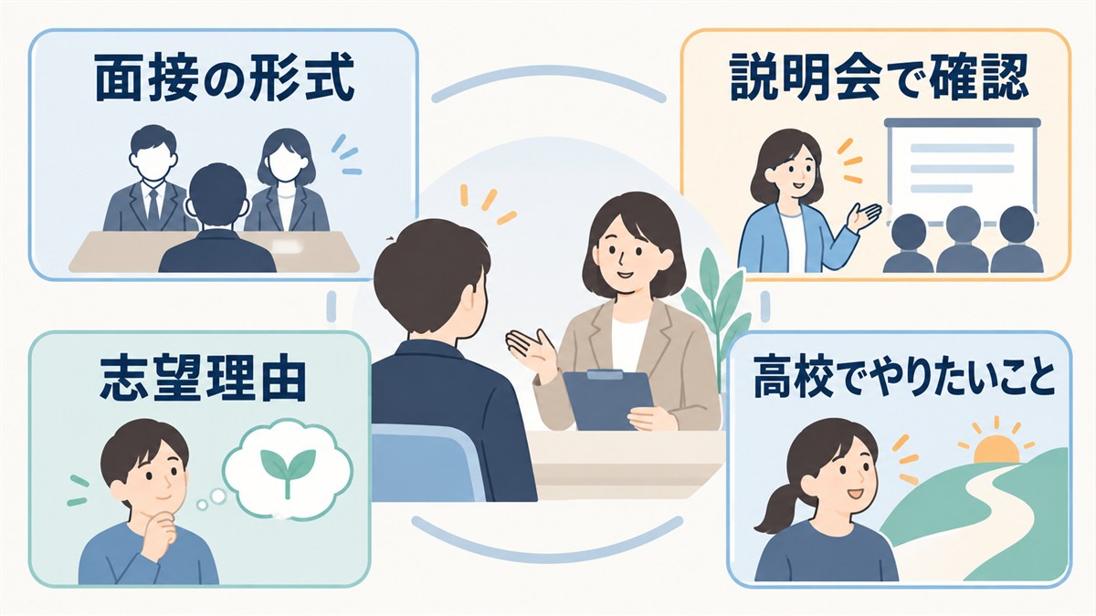 面接形式や志望理由など確認点を整理した図解