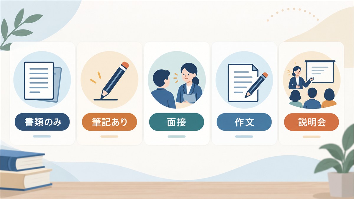書類や筆記、面接、作文、説明会を比較する図解