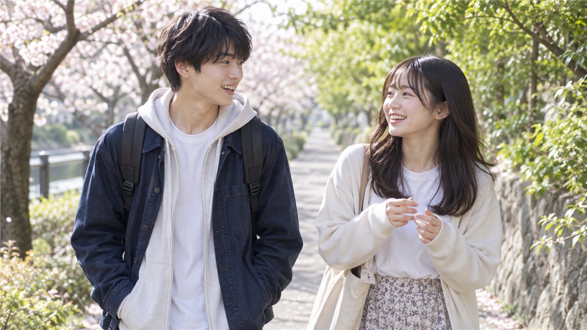 春の道を歩きながら話す日本人の高校生年代の二人