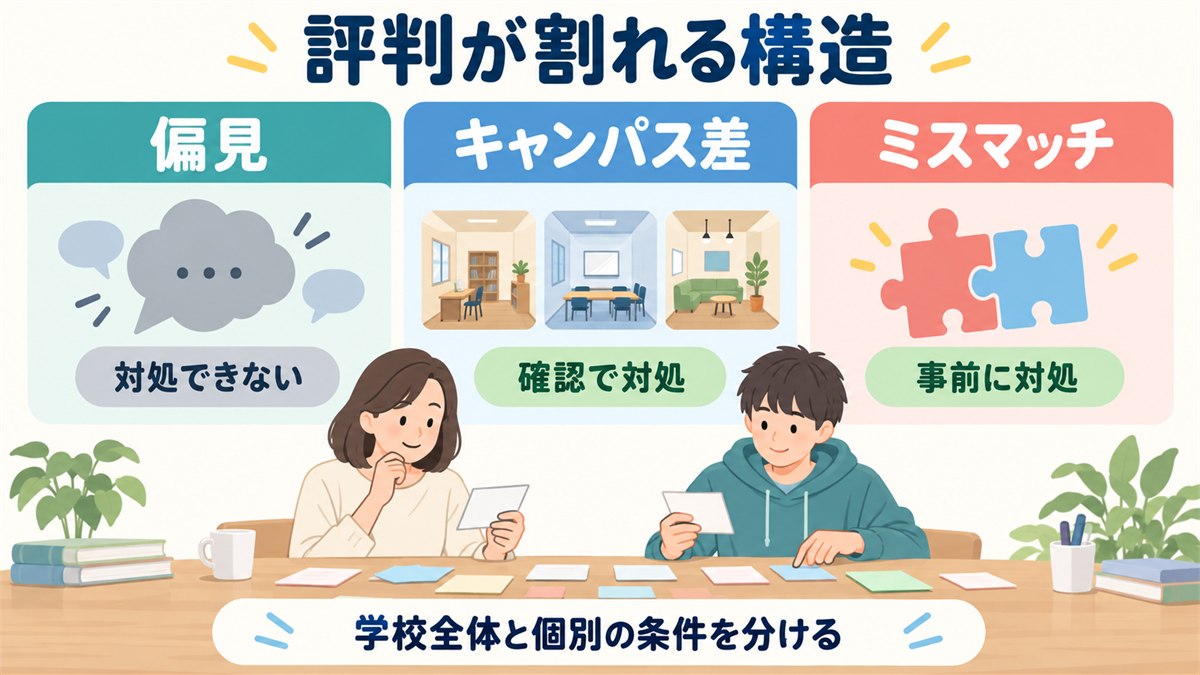 偏見・キャンパス差・ミスマッチに評判が割れる構造を示す図