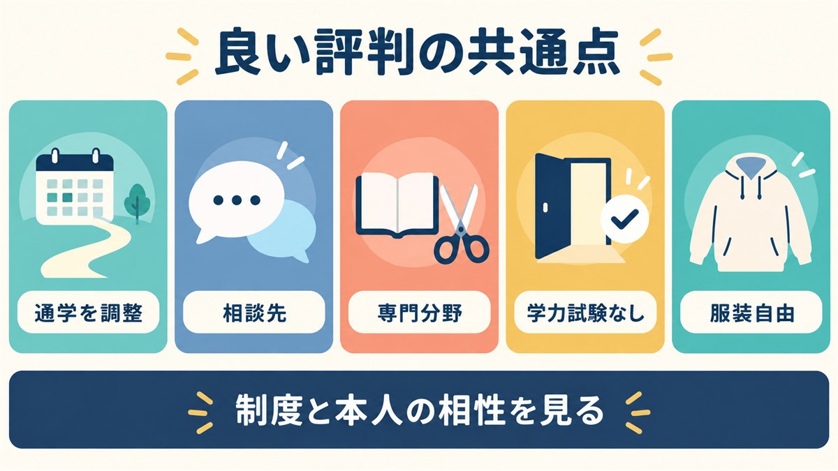 通学調整・相談先・専門分野・学力試験なし・服装自由という良い評判の共通点
