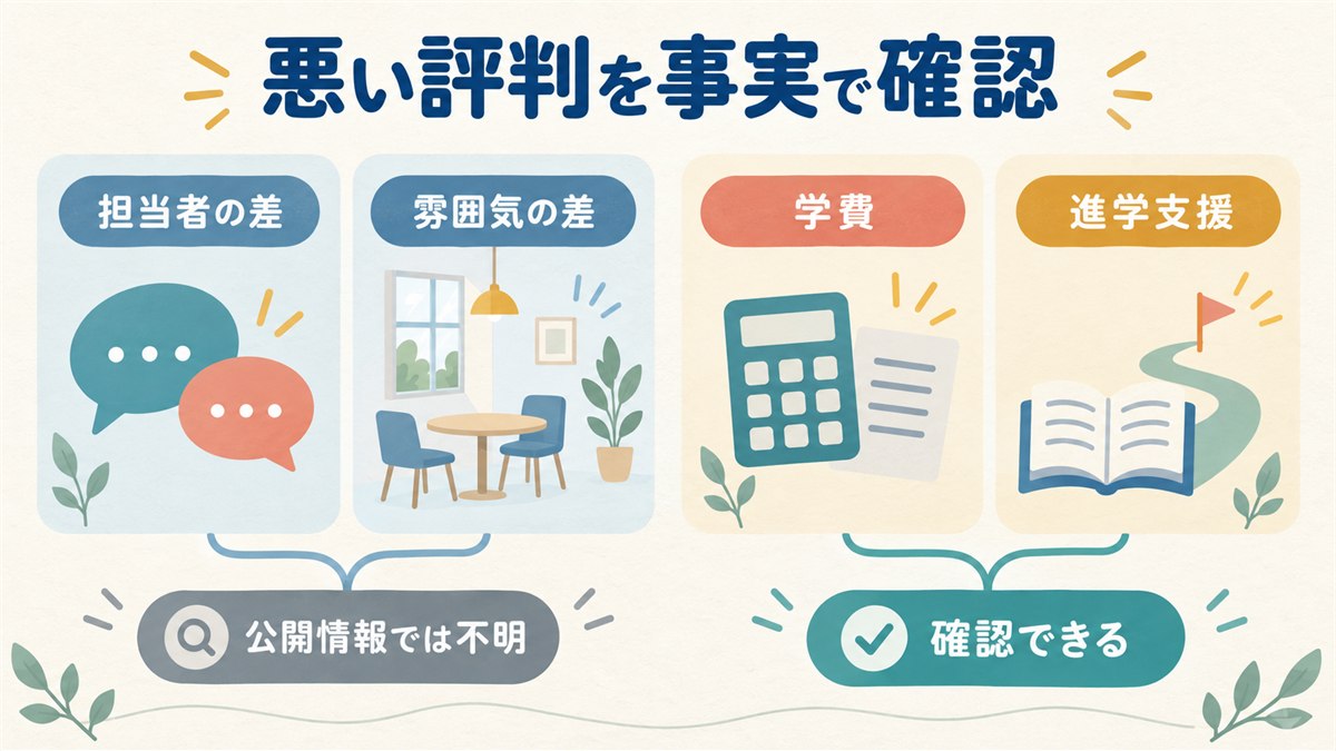 担当者・雰囲気・学費・進学支援の評判を公開情報で確認できるか整理する図