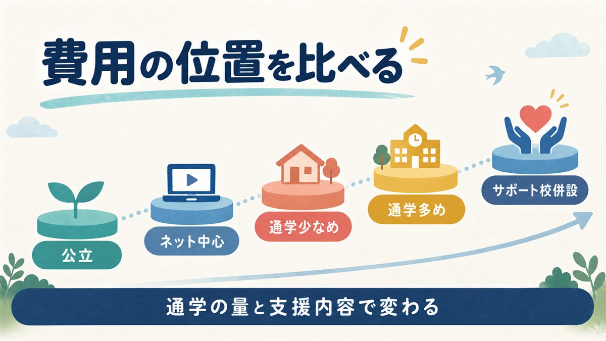 通信制高校の費用を学校タイプと通学量で比べる段階図