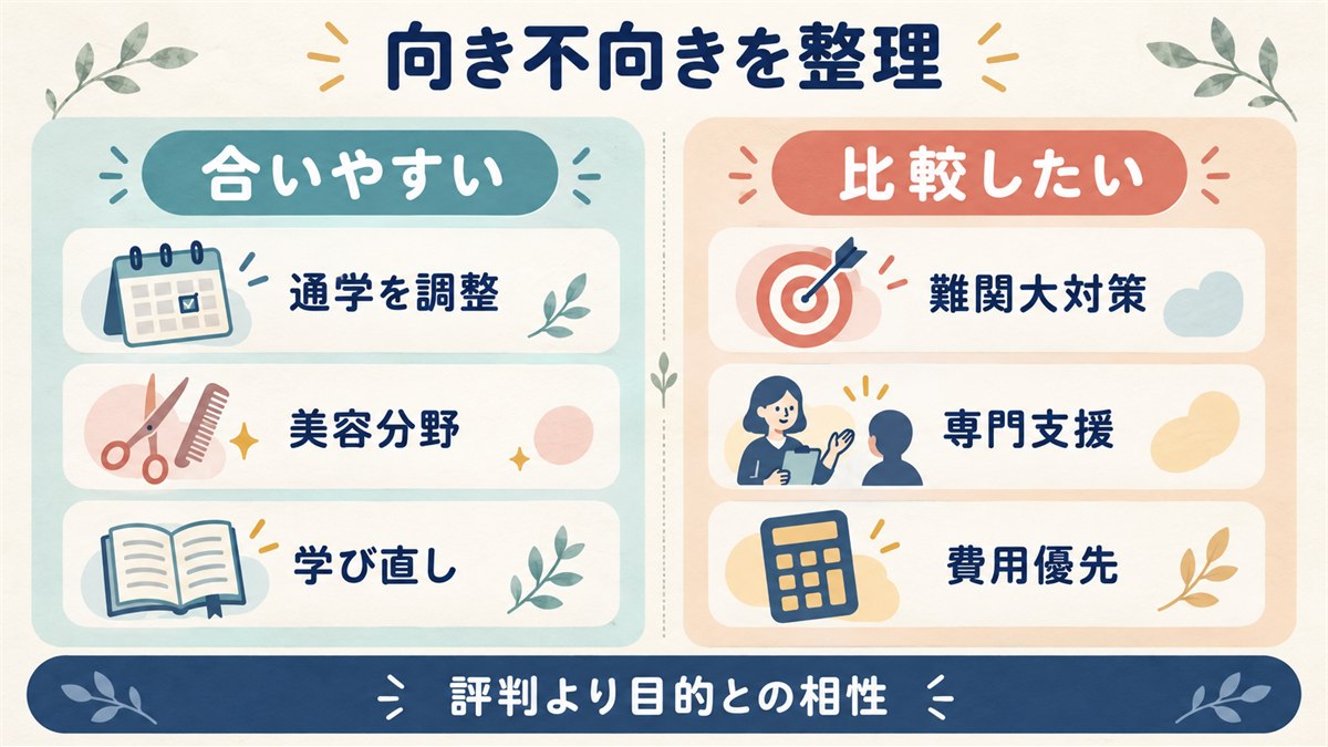 飛鳥未来高校に合いやすい条件と比較したい条件を整理する図