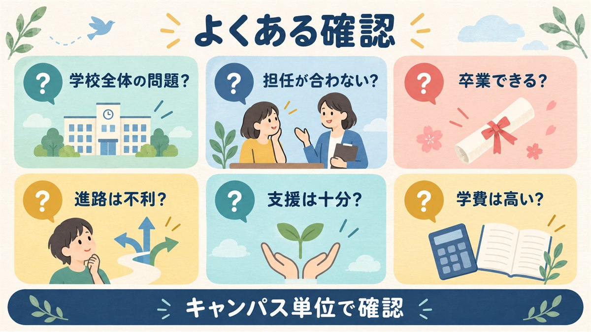 評判・担任・卒業・進路・支援・学費について確認するFAQ図