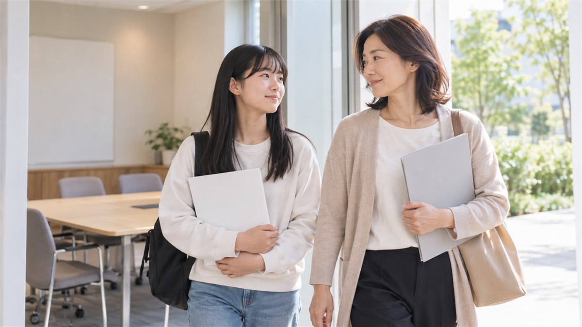 資料と説明会で条件を確かめて前向きに帰る日本人の親子