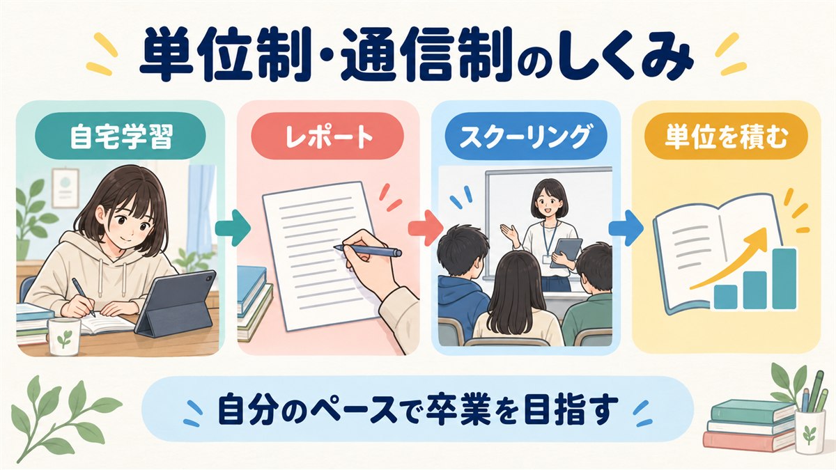 自宅学習・レポート・スクーリング・単位修得の流れを示す図