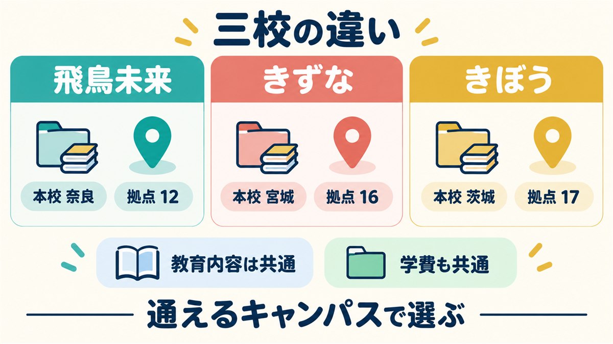 飛鳥未来・きずな・きぼう三校の本校地域と拠点数を比べる図