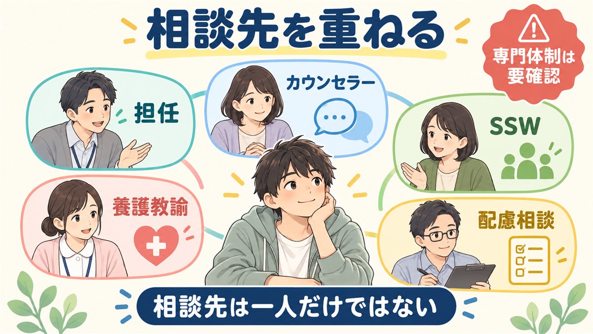 担任・カウンセラー・養護教諭・SSWなど相談先を重ねる図