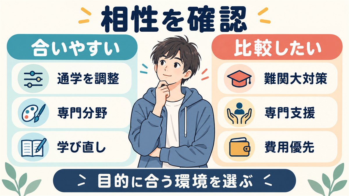 学校が合いやすい条件と他校比較したい条件を整理する図