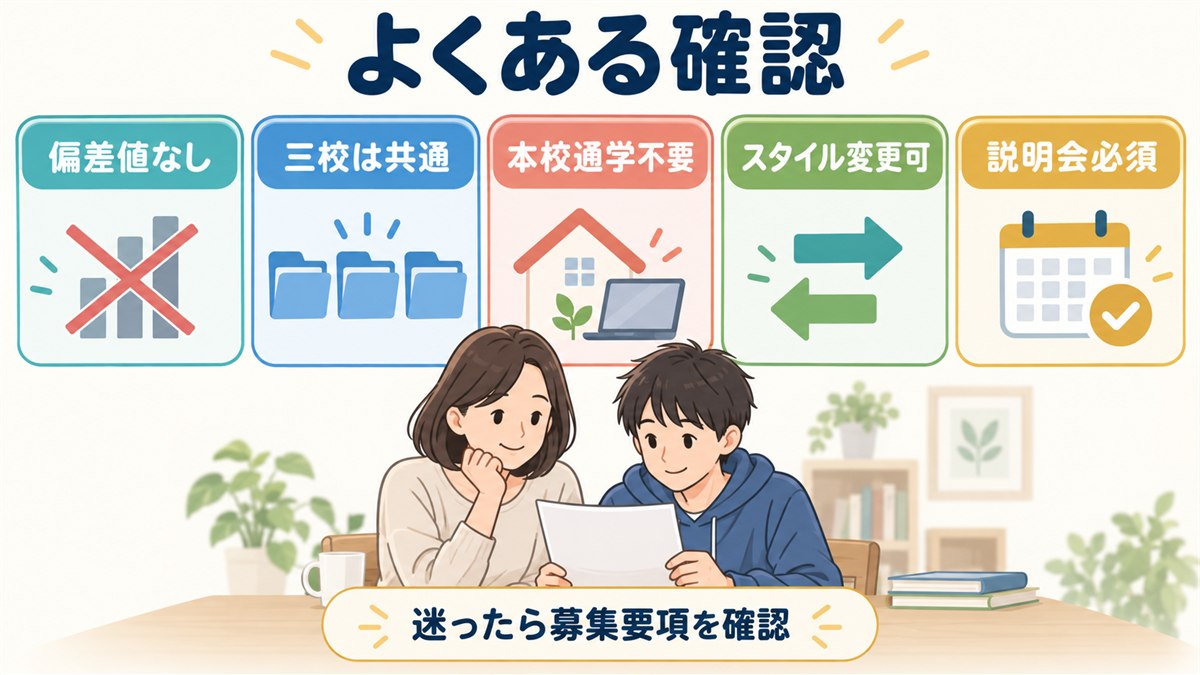偏差値・三校の共通点・本校通学・スタイル変更・説明会のFAQ図