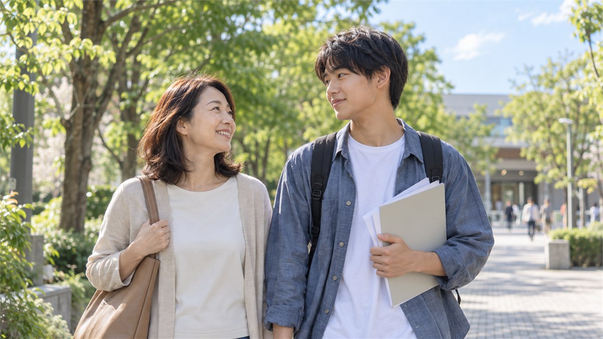 資料を手に次の相談先へ向かう日本人の親子