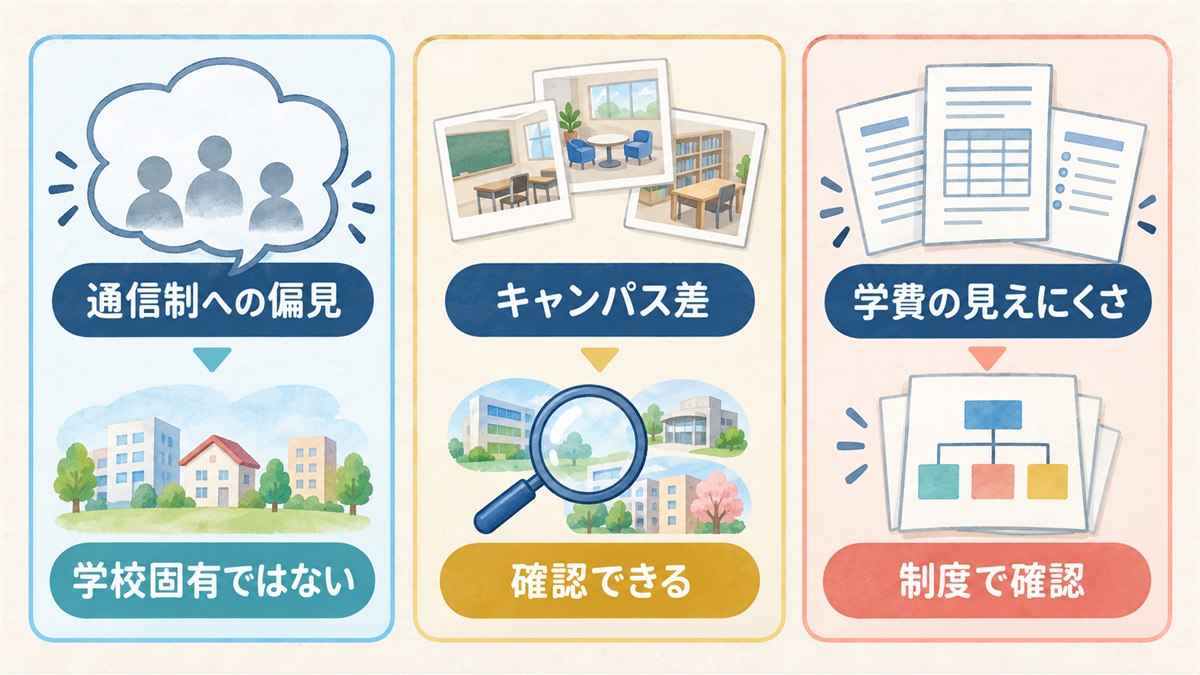 不安な評判を三つに分けて対処可能性を示す図