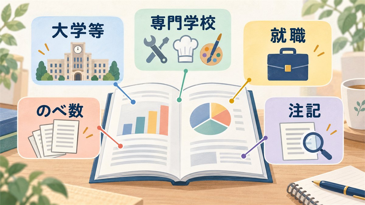 進路実績を実数とのべ数の注記に注意して読む図