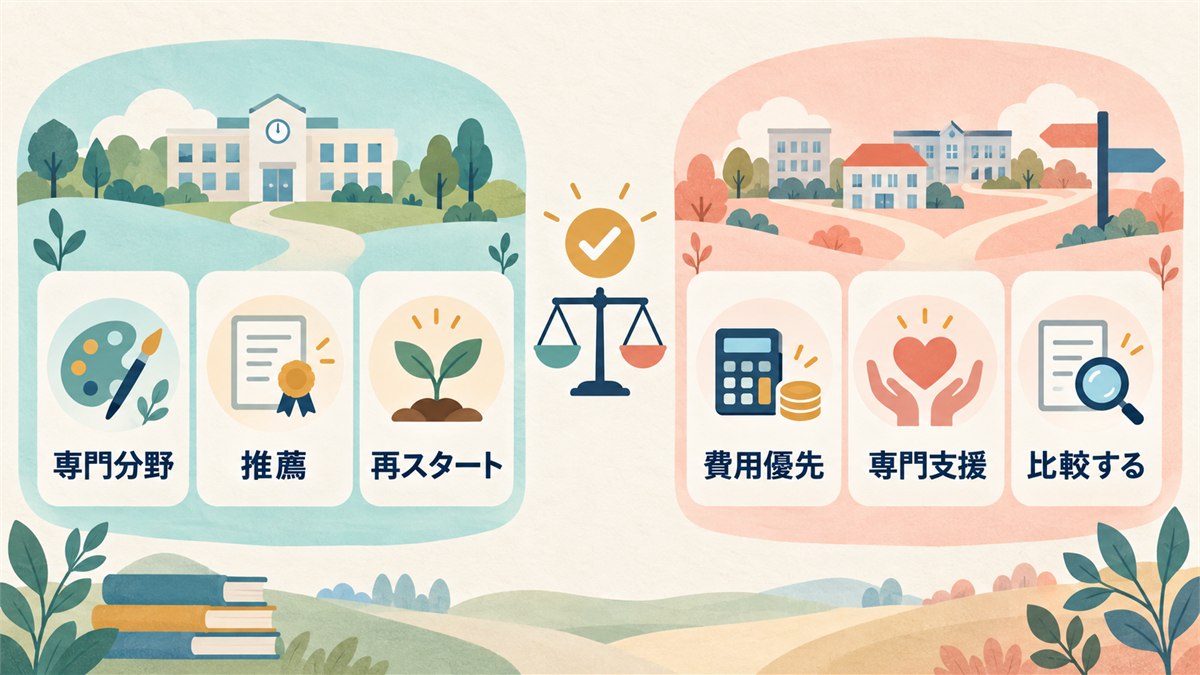 第一学院に向く条件と他校も比較したい条件を整理する図