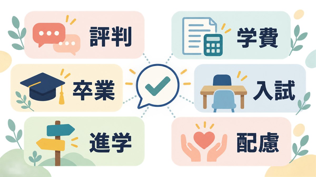 評判・学費・卒業・入試などの質問を整理したFAQ図