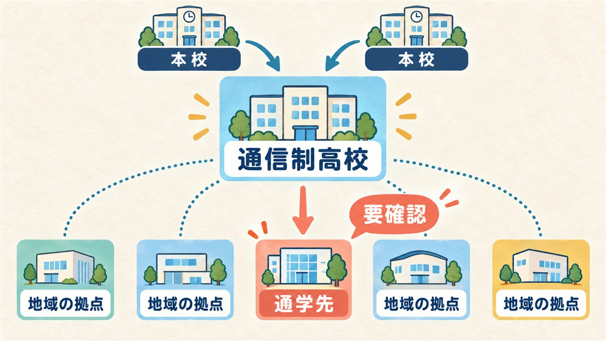 通信制高校の本校と地域の学習拠点の関係を示す図
