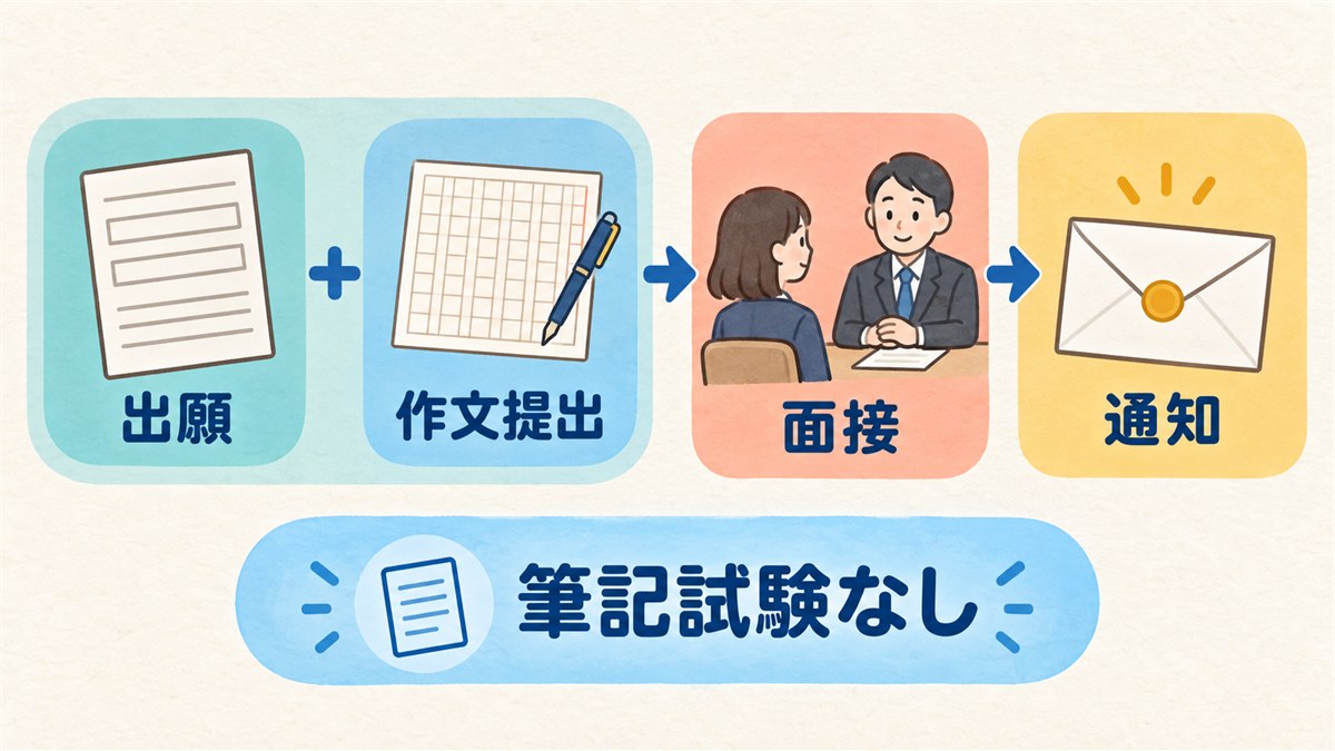 出願と作文提出から面接を経て通知まで進む選考の流れ図