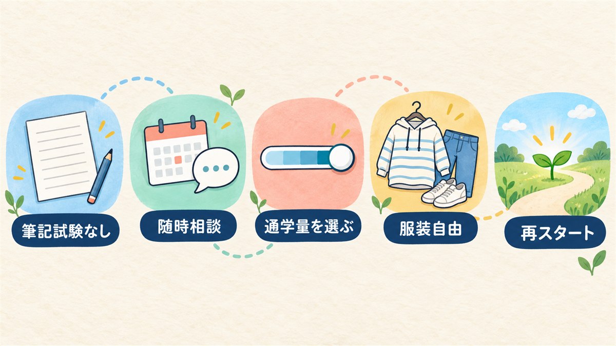 不登校や中退から再スタートしやすい選択肢を示す図