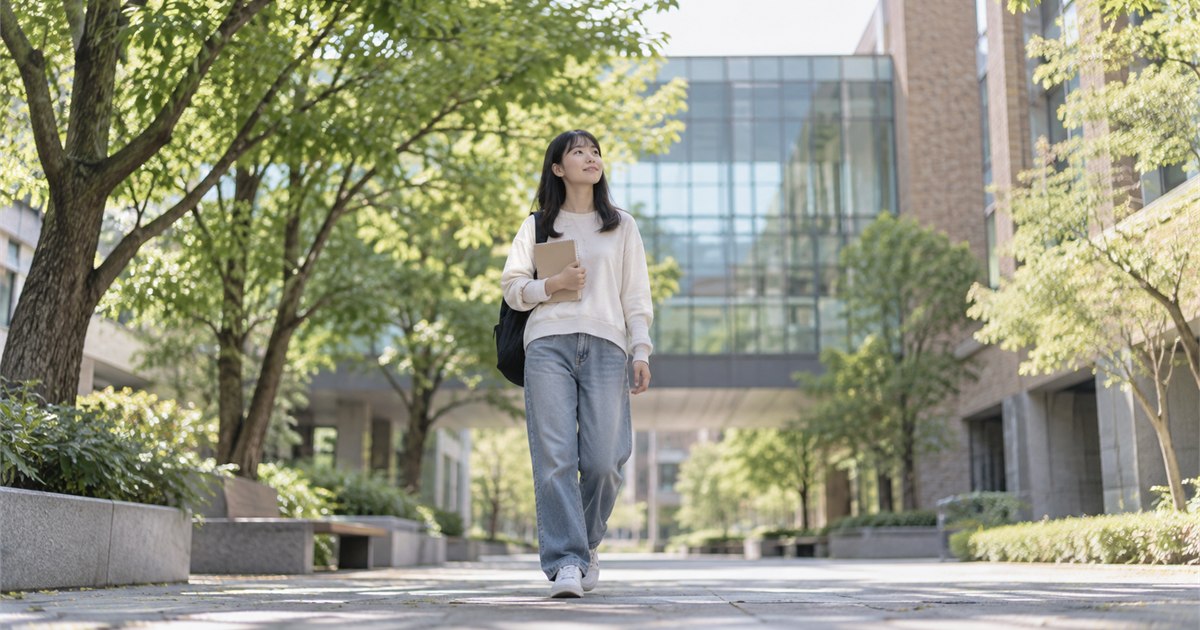 特定できない大学施設の中庭を歩き進学後の環境を確かめる日本人の若者