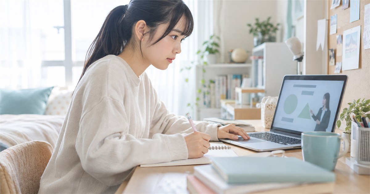 自宅の机でノートパソコンの映像授業を受ける日本人高校生