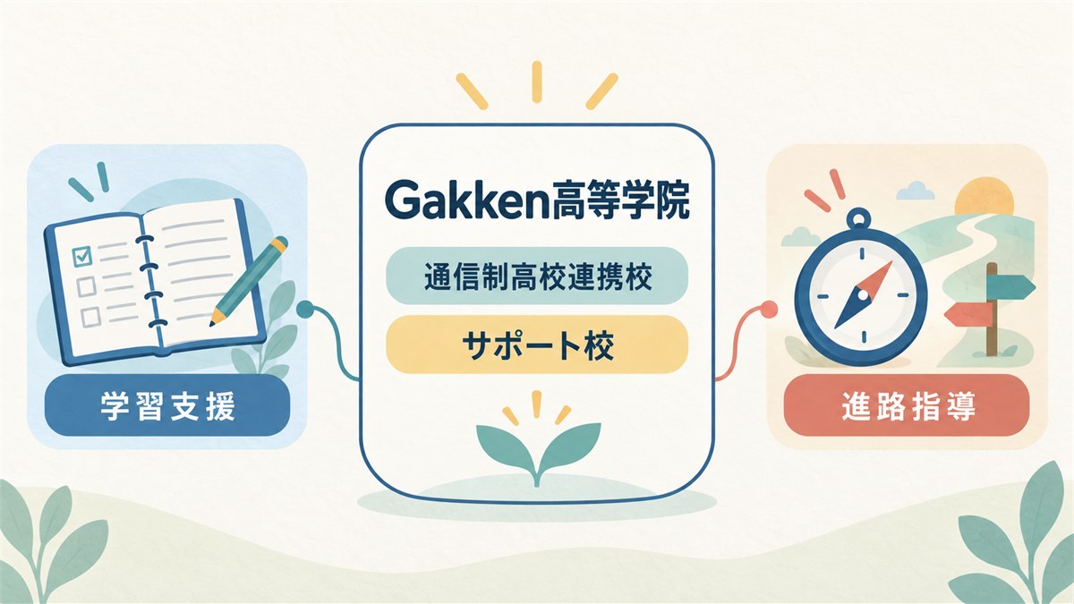 Gakken高等学院が通信制高校連携校として学習支援を行うことを示す図