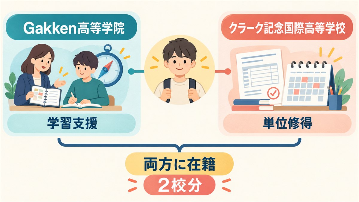 Gakken高等学院とクラーク記念国際高等学校の二重在籍構造を示す図