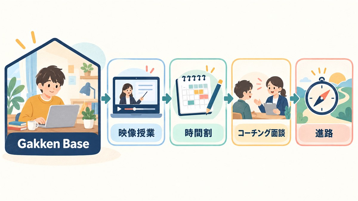 Gakken Baseを中心に映像授業から進路まで進む学習の動線図