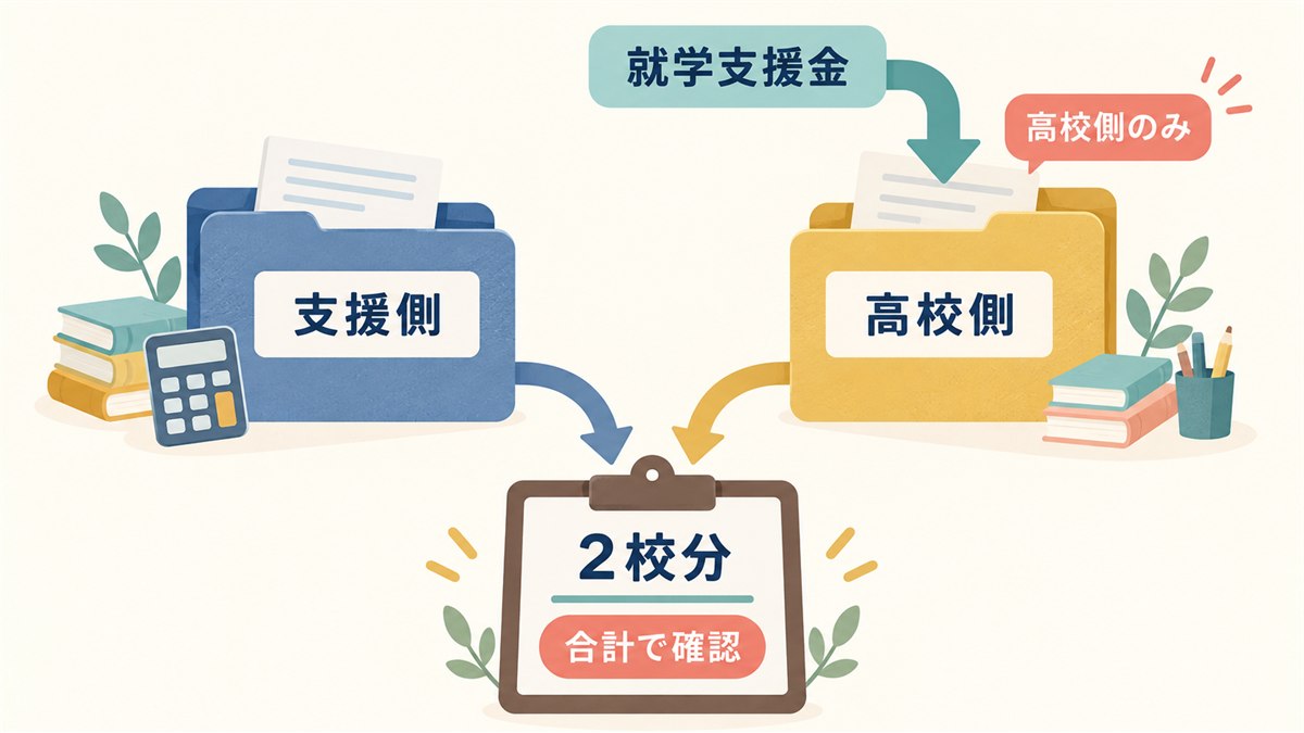 支援側と高校側の二校分の費用と就学支援金の対象を示す図