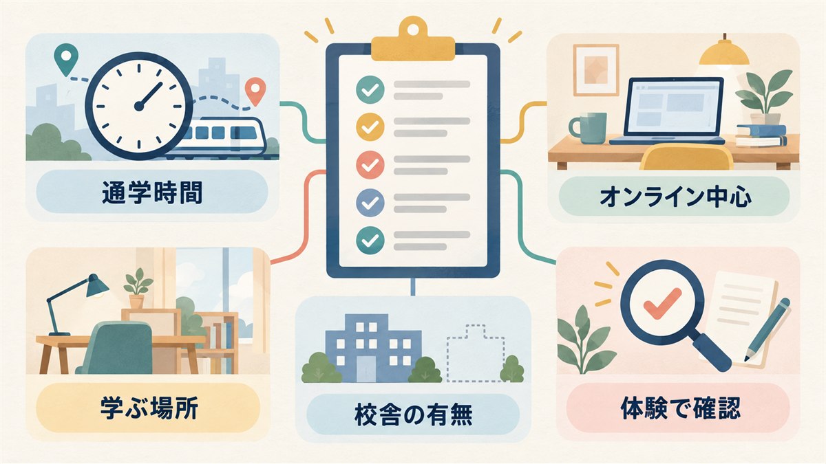 通学できる校舎とオンライン中心の学び方を条件で比べる図