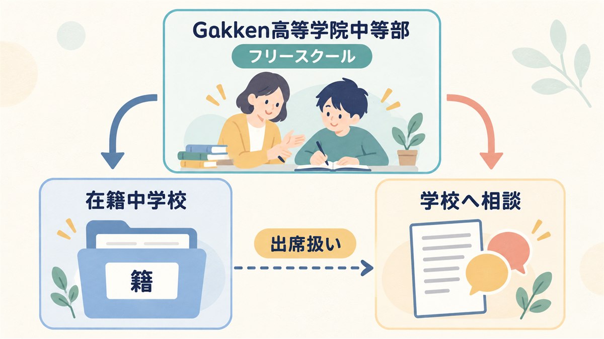 Gakken高等学院中等部が在籍中学校と連携するフリースクールであることを示す図