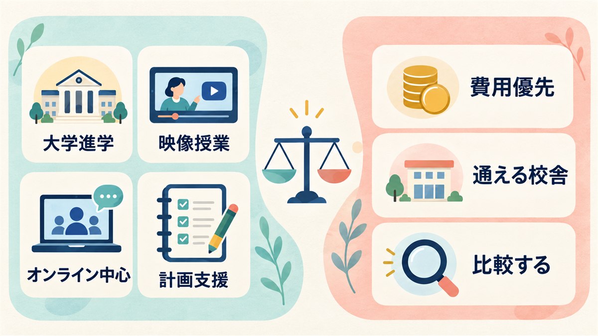 Gakken高等学院に合いやすい条件と比較したい条件を整理する図